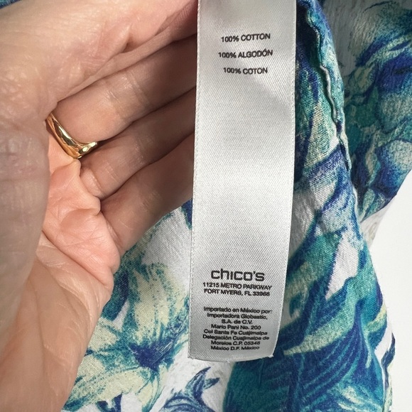 Chico's Mixed Animal Floral Print 100% Cotton Roll Tab Sleeve Blouse Top Sz 2/L - Picture 10 of 11